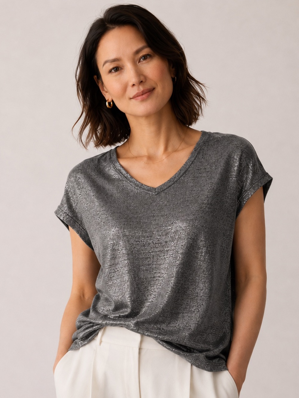 Eileen Fisher 100% Organic Linen Metallic Gray Top, Petite Medium
